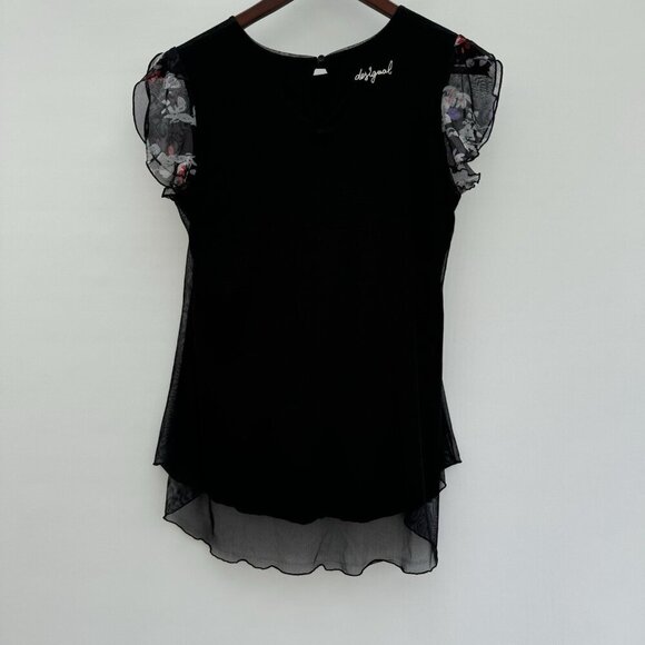 Desigual women's Top Sheer Embellished Rhinestones Floral Black Small - Picture 2 of 16